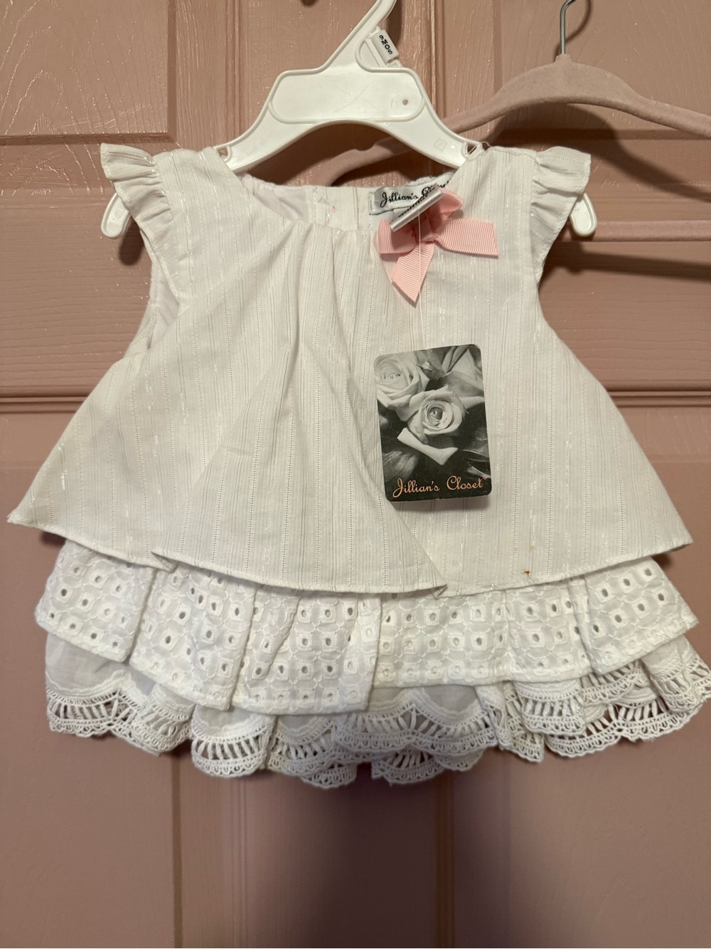 White Lace Layered Baby Top with Pink Bow